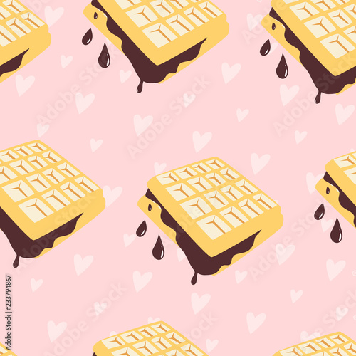Seamless pattern with Viennese waffles with chocolate topping. Vector background for waffle cafe, restaurant menu, wrapping paper, banner design. Creative summer wallpaper.