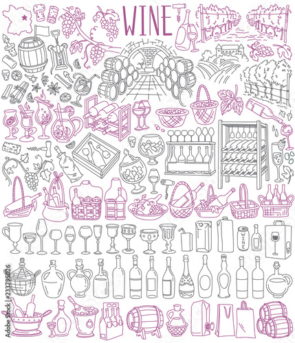 Wine doodle set. Wine bottles, barrels, glasses, packaging. Winery, winemaking, viticulture and vineyards. Hand drawn vector illustration isolated on white background
