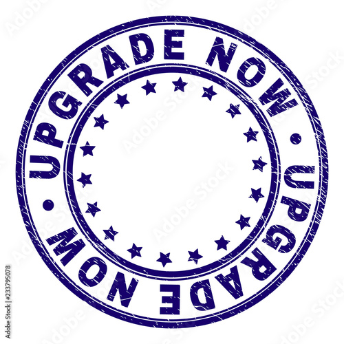 UPGRADE NOW stamp seal watermark with grunge texture. Designed with round shapes and stars. Blue vector rubber print of UPGRADE NOW title with unclean texture.