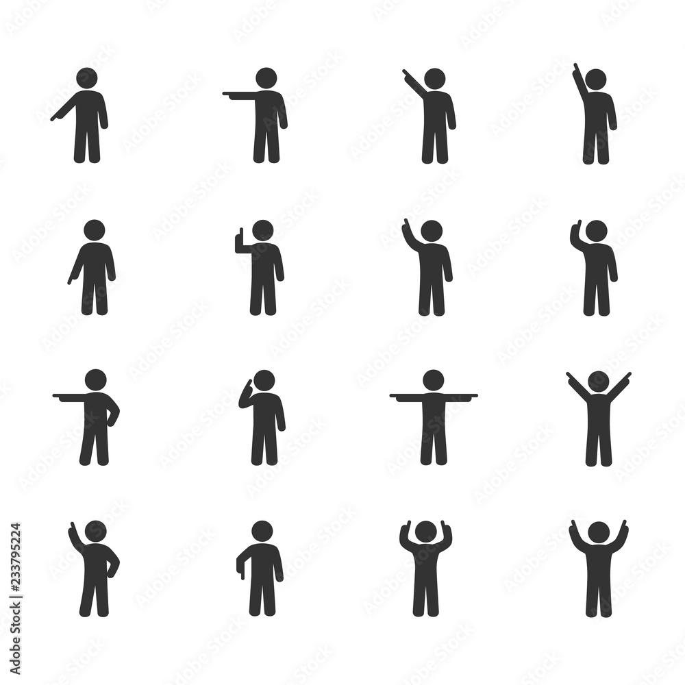 Vector image of stick figures of a person pointing a finger icons.