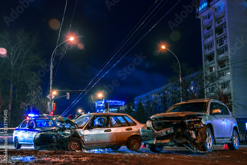 Accident cars on city road at night