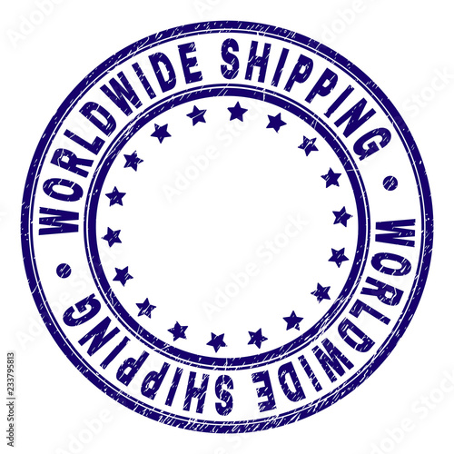 WORLDWIDE SHIPPING stamp seal imprint with grunge texture. Designed with circles and stars. Blue vector rubber print of WORLDWIDE SHIPPING title with grunge texture.