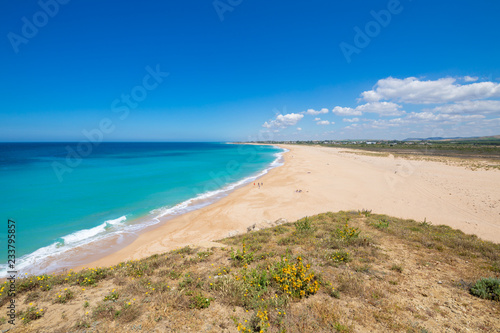 above landscape of beautiful wild Beach of Trafalgar lighthouse  also known as Zahora or Cala Isabel  in Barbate  Cadiz  Andalusia  Spain