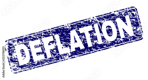 DEFLATION stamp seal watermark with grunge texture. Seal shape is a rounded rectangle with frame. Blue vector rubber print of DEFLATION title with grunge texture.
