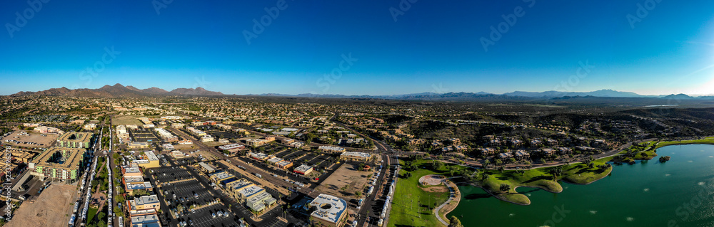 Aerial, drone view of Fountain Hills, Arizona and the surrounding mountains and hills