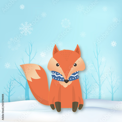 Paper art of Fox with snowflake and sky background winter holiday paper craft style illustration.