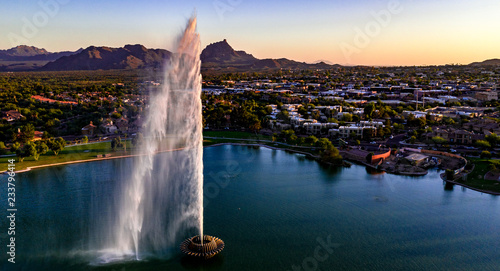 Aerial, drone view of the historic fountain at Fountain Hills Park in Arizona © joel