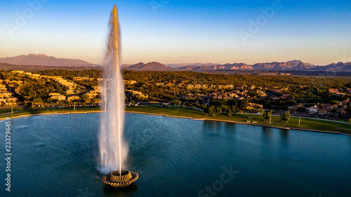 Aerial, drone view of the historic fountain at Fountain Hills Park in Arizona