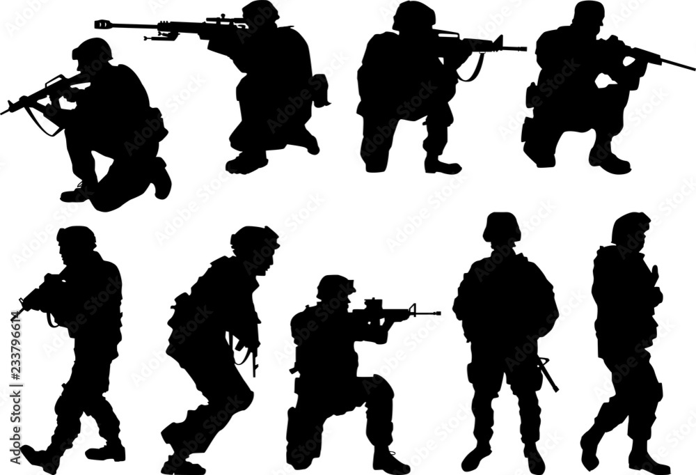 USA. army soldiers with rifle silhouette vector collection. Stock ...