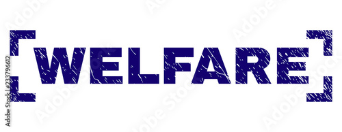 WELFARE text seal print with grunge style. Text caption is placed between corners. Blue vector rubber print of WELFARE with unclean texture.
