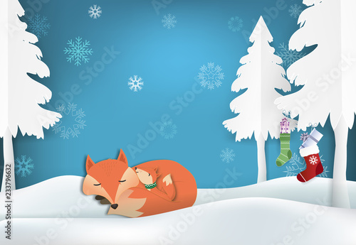 Paper art of Fox's family and snowflake illustration