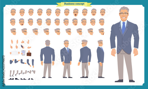 Front, side, back view animated character. Manager character creation set with various views, hairstyles, face emotions, poses and gestures. Cartoon style, flat vector illustration.People