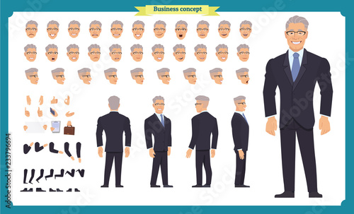 Front, side, back view animated character. Manager character creation set with various views, hairstyles, face emotions, poses and gestures. Cartoon style, flat vector illustration.People