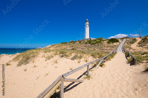 Cuadro en lienzo wooden footpath with sand to the lighthouse of Cape Trafalgar, in Canos Meca vil