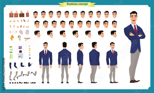 Front, side, back view animated character. Manager character creation set with various views, hairstyles, face emotions, poses and gestures. Cartoon style, flat vector illustration.People