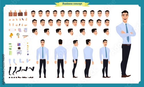 Front, side, back view animated character. Manager character creation set with various views, hairstyles, face emotions, poses and gestures. Cartoon style, flat vector illustration.People