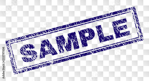 SAMPLE stamp seal print with dirty style and double framed rectangle shape. Stamp is placed on a transparent background. Blue vector rubber print of SAMPLE text with dirty texture.