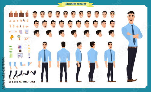 Front, side, back view animated character. Manager character creation set with various views, hairstyles, face emotions, poses and gestures. Cartoon style, flat vector illustration.People