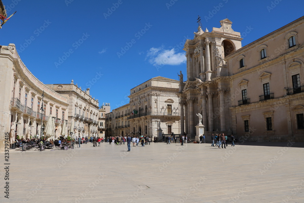 Piazza duomo and Syracuse Cathedral in Ortygia Syracuse, Sicily Italy 