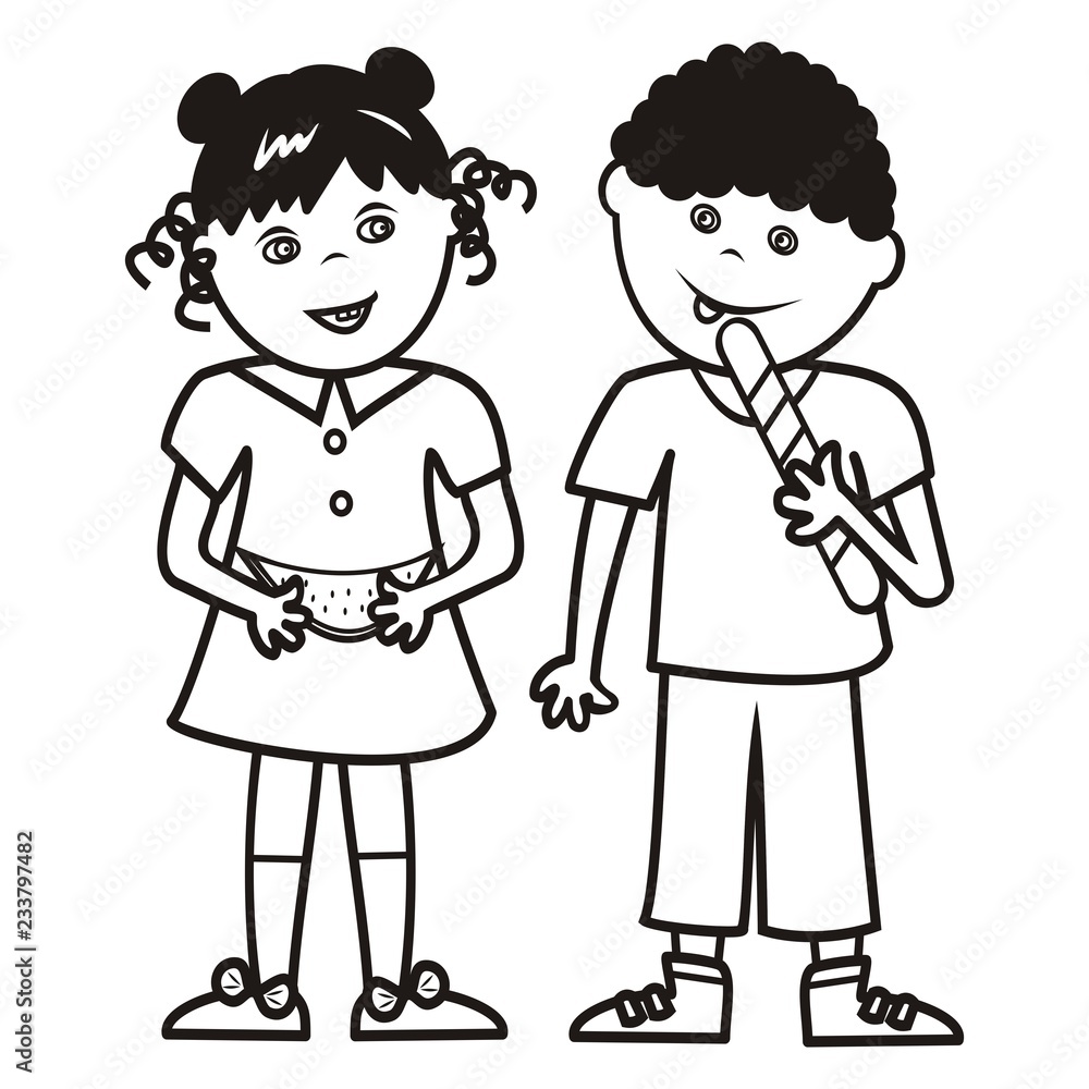 Girl and boy with melon and lollipop, coloring book, vector illustration Girl and boy with melon and lollipop, coloring book, vector illustration