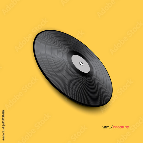 Poster of vinyl player record. Music label logo.