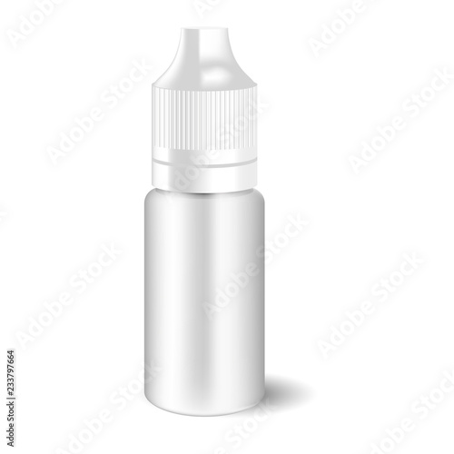 Blank white vape liquid dropper bottle with white cap. Medicine jar for eye drops. HQ EPS illustration mockup template.