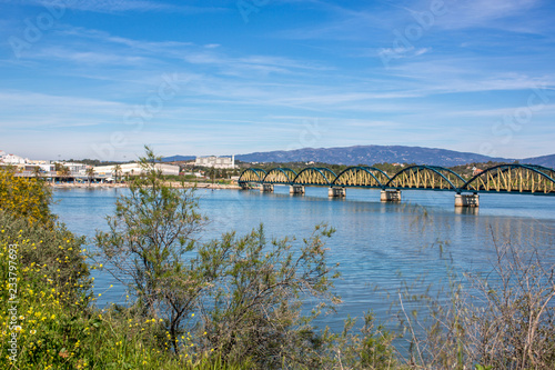 View of the railway bridge over the river Arade and the city Portimao  Portugal  Europe