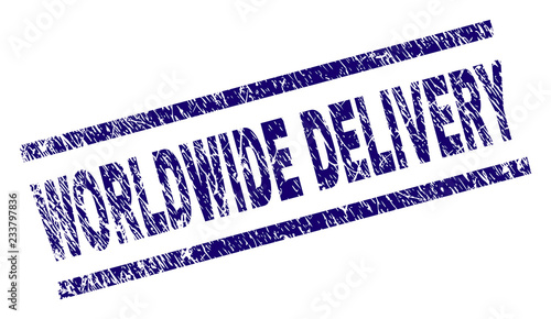 WORLDWIDE DELIVERY seal print with distress style. Blue vector rubber print of WORLDWIDE DELIVERY text with grunge texture. Text tag is placed between parallel lines.
