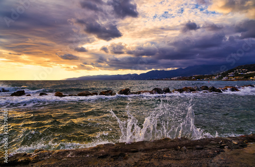 Fantastic view of the dark overcast sky. Dramatic and picturesque morning scene.