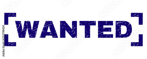 WANTED text seal print with grunge style. Text label is placed inside corners. Blue vector rubber print of WANTED with grunge texture.