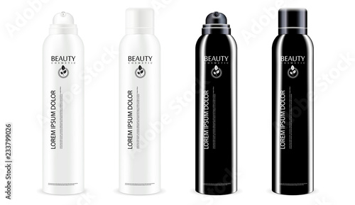 Black and white aerosol spray metal bottles set with or without lid. Deodorant antiperspirant or cosmetic hairspray can template. Vector package illustration isolated on white background.