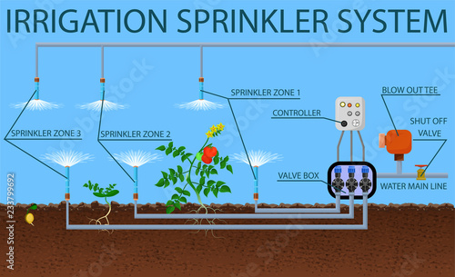 Irrigation Sprinkler System. Vector Flat Illustration.
