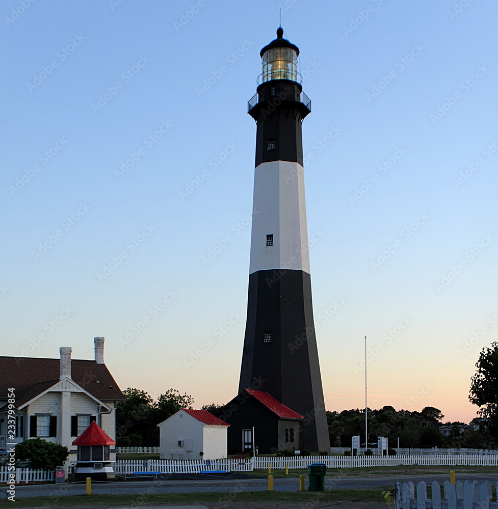 The black and white Tybee Island Lighthouse near Savannah Georgia