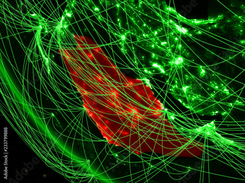 Saudi Arabia on green planet Earth from space with network. Concept of international communication, technology and travel.