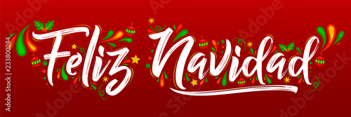 Feliz Navidad, Merry Christmas spanish text holiday lettering vector illustration