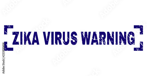 ZIKA VIRUS WARNING text seal print with distress texture. Text label is placed inside corners. Blue vector rubber print of ZIKA VIRUS WARNING with grunge texture.