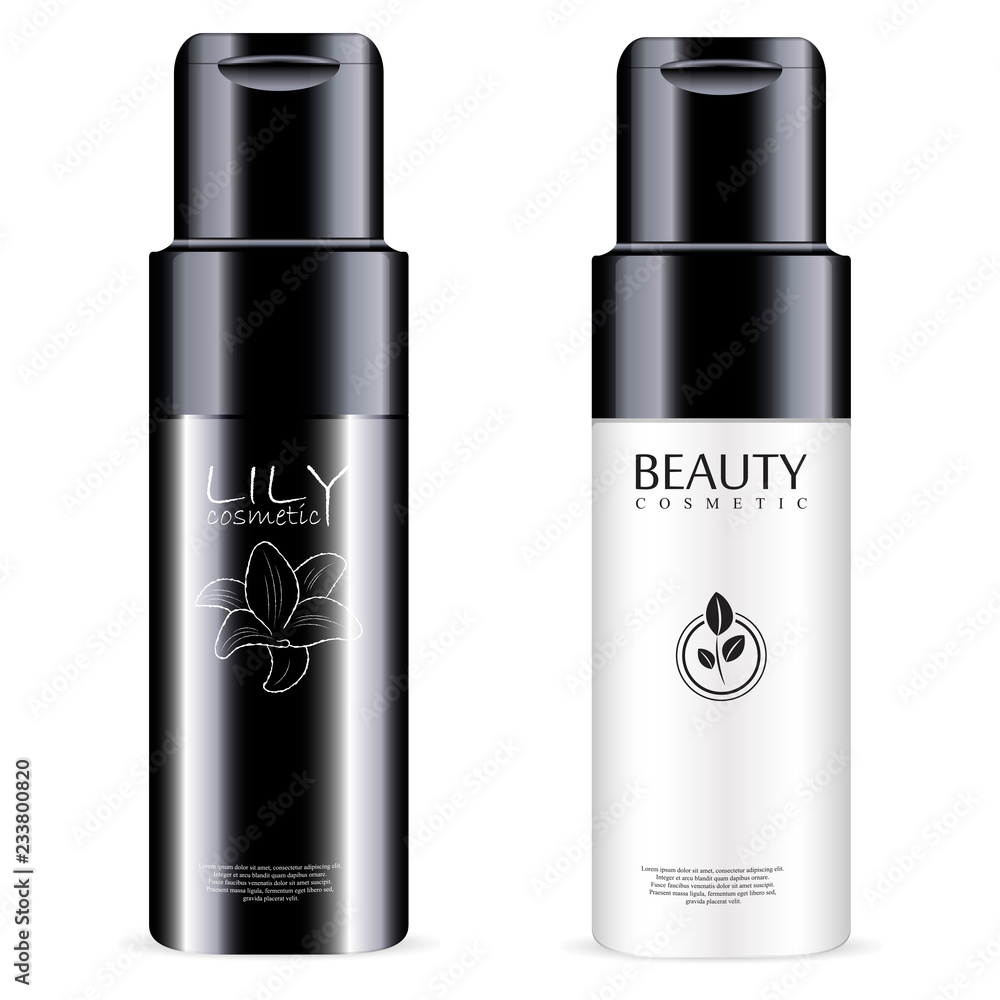 Black and white conditioner bottle cosmetics mockup set with glossy lid. Realistic cosmetic package design. Vector illustration. Black and white conditioner bottle cosmetics mockup set with glossy lid. Realistic cosmetic package design. Vector illustration.
