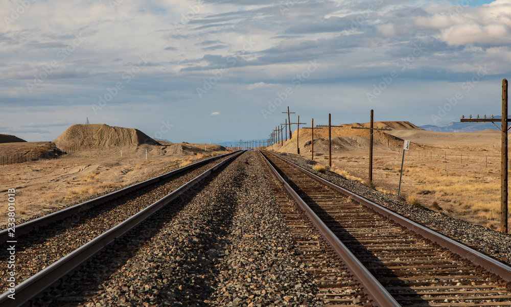 Straight ahead train rail tracks with telephone polies Straight ahead train rail tracks with telephone polies