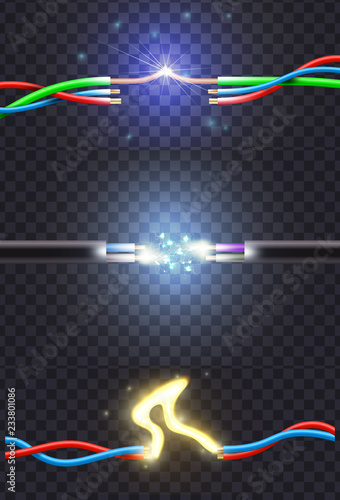 A set of dangling wires with electric arc, sparks and a short circuit flash. Vector illustration