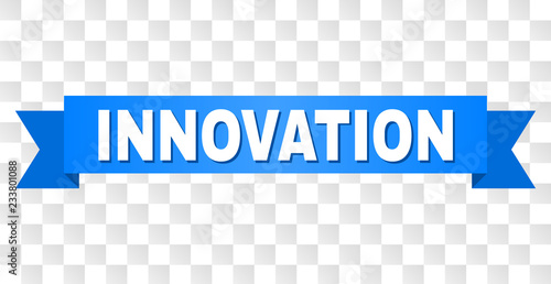 INNOVATION text on a ribbon. Designed with white caption and blue stripe. Vector banner with INNOVATION tag on a transparent background.