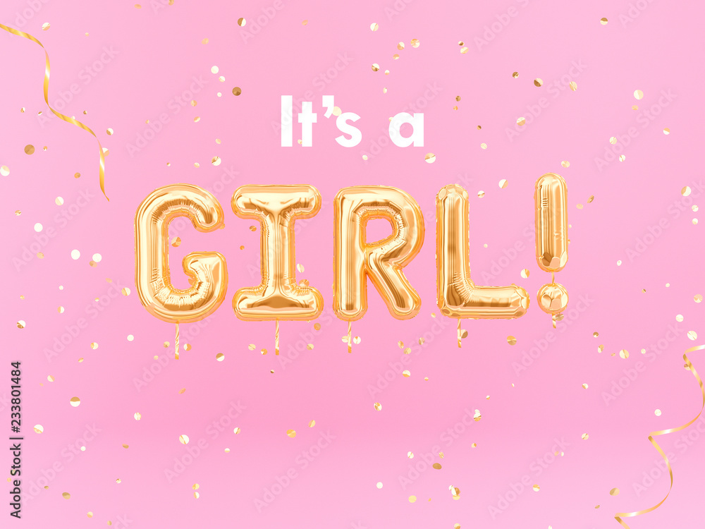 It is a Girl banner balloon golden text on pink background, 3d rendering