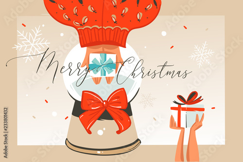Hand drawn vector abstract fun Merry Christmas time cartoon illustration greeting card with people hands,surprise gift boxes and xmas calligraphy isolated on craft background