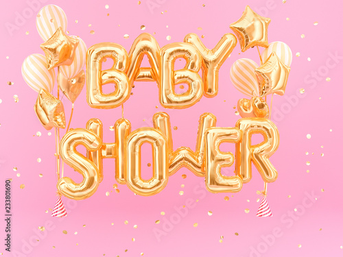 Baby Shower banner balloon golden text on pink background, 3d rendering