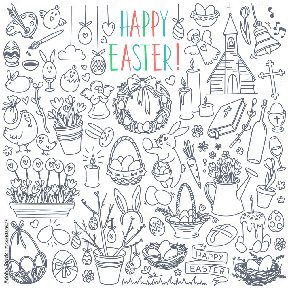 Easter doodles set. Traditional symbols - eggs, bunny, willow twigs, basket, candles, Christian church. Hand drawn vector illustration isolated on white background 