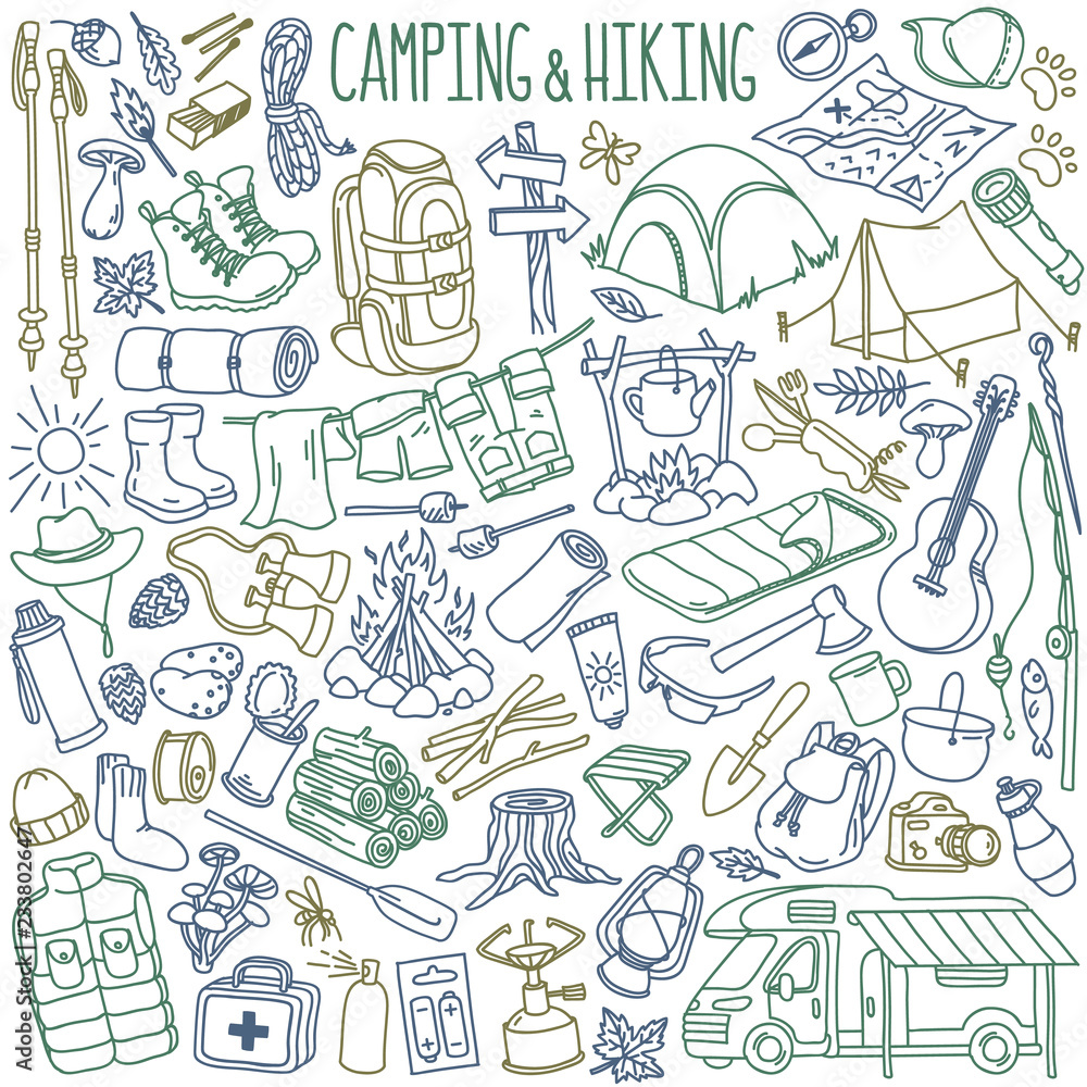 Camping and hiking doodle set. Travel accessories and equipment. Hand drawn vector illustration isolated on white background. Camping and hiking doodle set. Travel accessories and equipment. Hand drawn vector illustration isolated on white background.