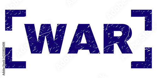WAR title seal print with grunge effect. Text tag is placed inside corners. Blue vector rubber print of WAR with grunge texture.