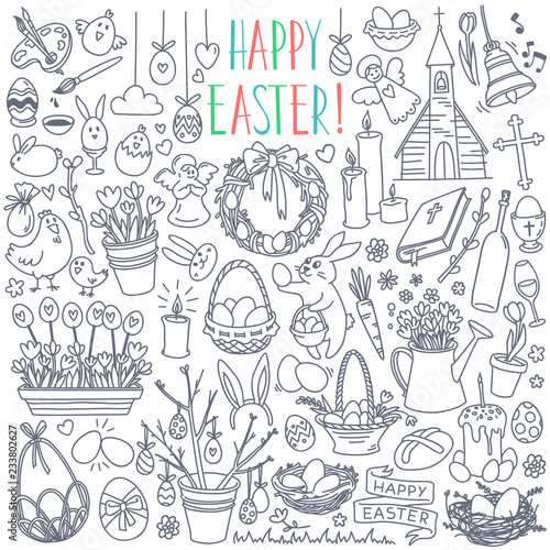 Easter doodles set. Traditional symbols - eggs  bunny  willow twigs  basket  candles  Christian church. Hand drawn vector illustration isolated on white background 