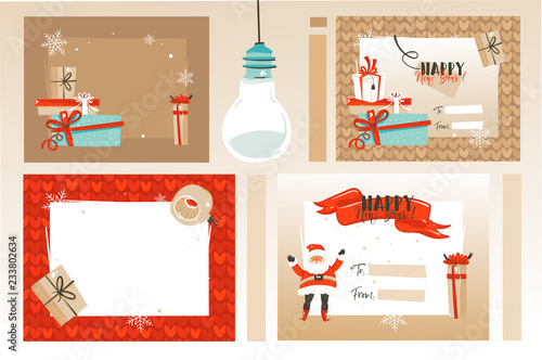 Hand drawn vector abstract fun Merry Christmas time cartoon illustrations greeting cards and backgrounds collection set with gift boxes,Christmas tree and calligraphy isolated on craft background