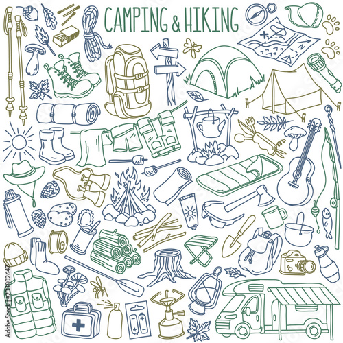 Camping and hiking doodle set. Travel accessories and equipment. Hand drawn vector illustration isolated on white background.