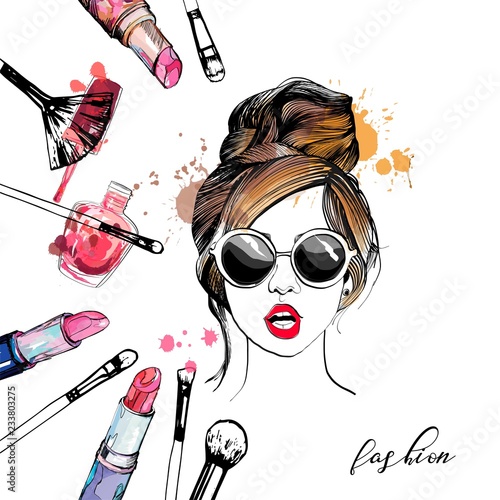 Cosmetics and fashion illustration with stylish young girl in glasses.